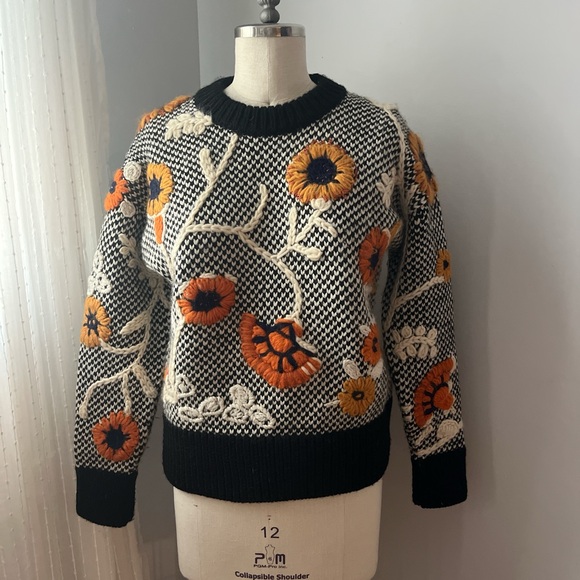 NWT Tory Burch Floral Embroidered Sweater Small Orange Black Ivory Wool Crew - Picture 1 of 5